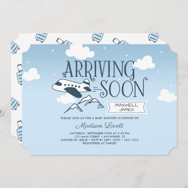 Arrivée Bientôt : Invitation Baby shower d'avion (Devant / Derrière)