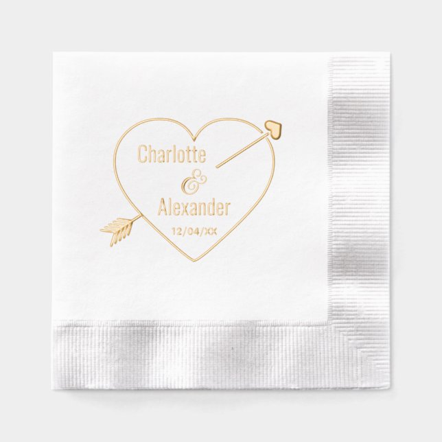Arrow Pierced Heart Amperand Couple Names Date Servietten Mit Folie (Vorderseite)