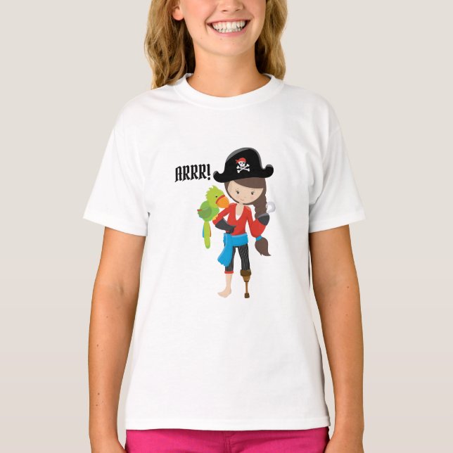 ARRR! Fun Niedlich Pirate Girl Green Parrot T-Shirt (Vorderseite)
