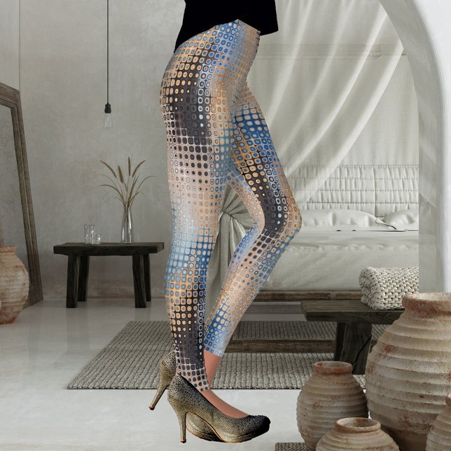 Art Abstrait Gris Bleu Motif Leggings (Leggings featuring an abstract tech industrial design with dots in blue, grey and beige.)