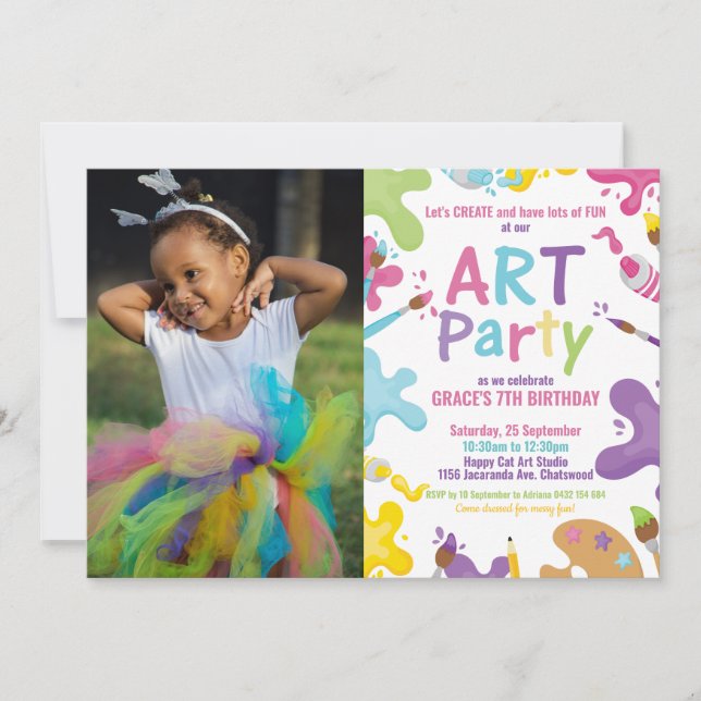 Art Birthday Party Rainbow Painting Girl Foto Einladung (Vorderseite)