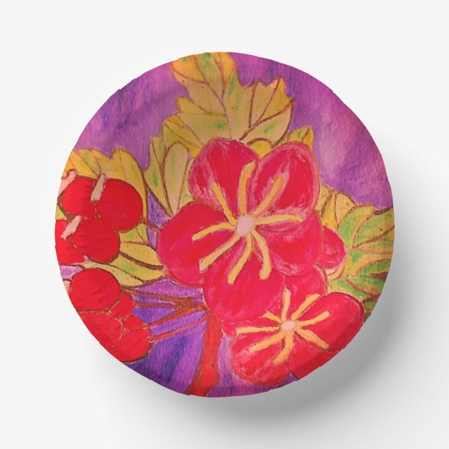 ART BRIGHT SHINY BLUME DESIGN RED GREEN MAUVE PAPPTELLER (Vorderseite)