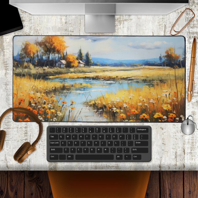 Art Coloré Paysage d'été (Desk mat featuring a colorful painting of a spacious summer landscape with a creek and wildflowers)