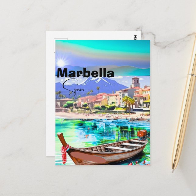 Art de carte postale de voyage à Marbella Espagne, (Devant/Arrière en situation)