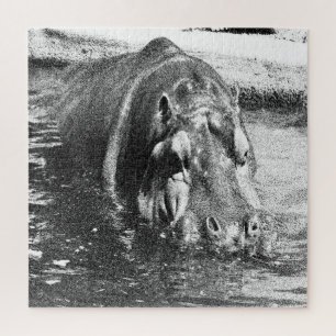 Art de hippopotame noir et blanc granuleux, puzzle