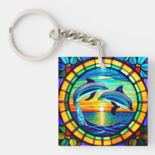 Art de verre coloré avec des dauphins bondissant a