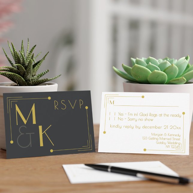 Art Deco 1920 Wedding Black Gold RSVP Cards Karte (RSVP for your 1920s theme Gatsby Wedding. Just add your details)