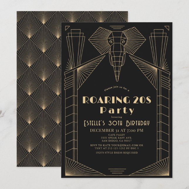 Art Deco 1920er Jahre Elephant Roaring 20er Geburt Einladung (Vorne/Hinten)
