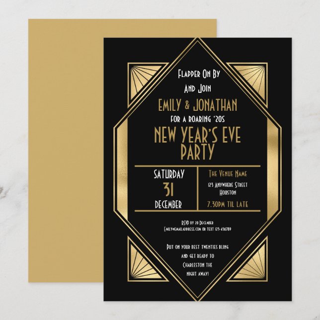 Art Deco 1920er Jahre Gold Black Silvester Party Einladung (Vorne/Hinten)