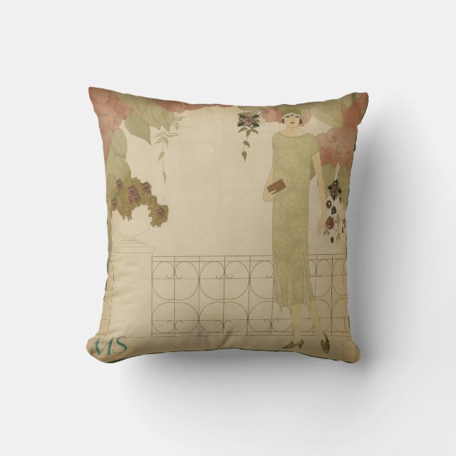 Art Deco 1920er Jahre Olive Vintag Monogram Kissen (Vorderseite)