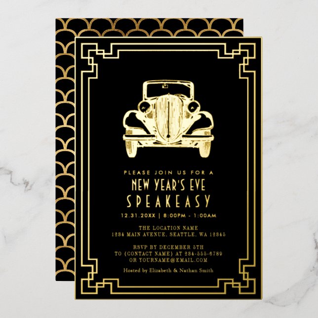 Art Deco 1920er Jahre Silvesterabend-Party Folieneinladung (Vorderseite/Rückseite)