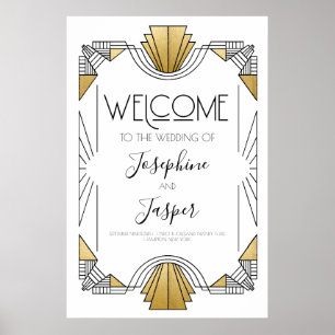 Art Deco 1920er Jahre Weiße und Goldene Willkommen Poster
