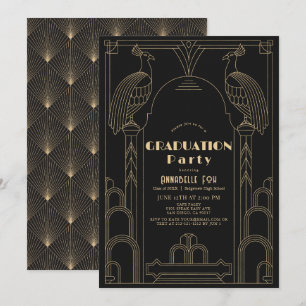 Art Deco 1920er Schwarzer Pfau Abschluss Einladung