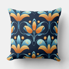 Art Deco 1 Blume in blauen Orangetönen Kissen