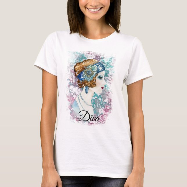Art Deco 20 Mode Diva Wasserfarben Kunst T-Shirt (Vorderseite)