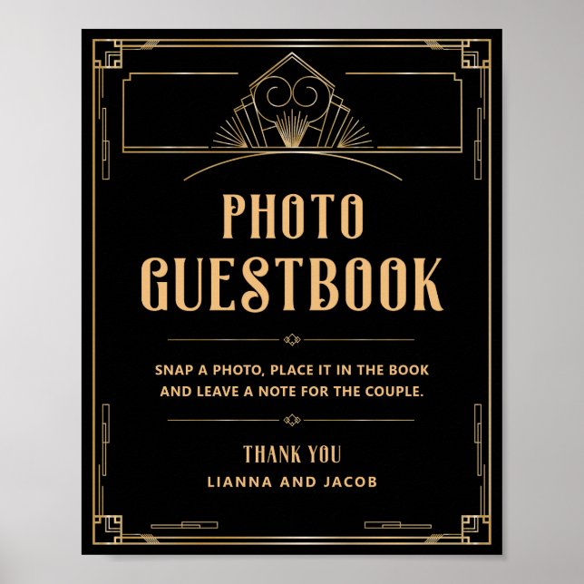Art Déco 20s Black Gold Mariage Photo Guestbook (Devant)