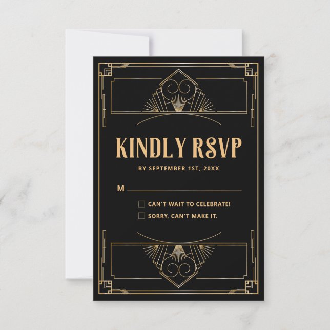 Art Deco 20s Elegante Black Gold Wedding RSVP Kart Dankeskarte (Vorderseite)