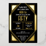 Art Deco 50. Geburtstag Black Gold Real Folieneinladung<br><div class="desc">Art Deco 50. Geburtstag Black Gold Real. Feiern Sie Ihren 50. rotierenden Zwanziger Stil und laden Sie Ihre Gäste mit diesem gläsernen Design mit echten Folienelementen in Gold, Silber oder Rose Gold ein. Personalisieren Sie den Text einfach, und Sie können auch die Hintergrundfarbe auf jeder Seite ändern, wenn Sie möchten....</div>
