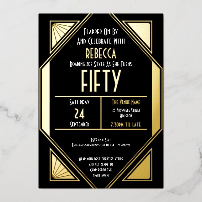 Art Deco 50. Geburtstag Black Gold Real Folieneinladung (Vorderseite)