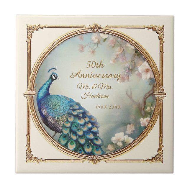 Art Deco 50 Jubiläum Pfauen Blume Elegante Fliese (Vorderseite)