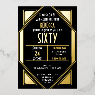 Art Deco 60. Geburtstag Black Gold Real Folieneinladung