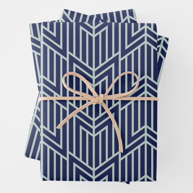 Art Deco Abstrakt Geometric Muster Blau Geschenkpapier Set (Beispiel)
