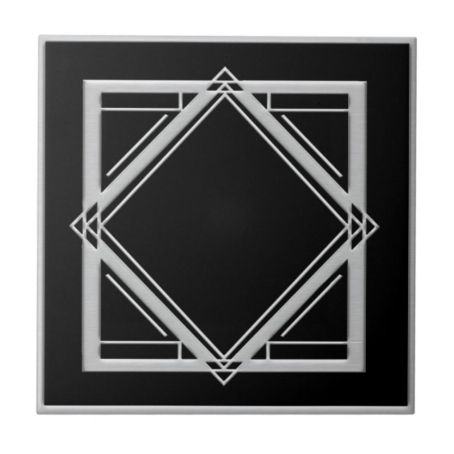 Art Deco Abstrakt Style Black and Silver Tile Fliese (Vorderseite)
