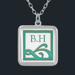 Art Deco Abstrakte Aquamarin Square Monogram Versilberte Kette<br><div class="desc">Minimalistische Kunstdekoration verziertes aquamarines quadratisches Design.</div>
