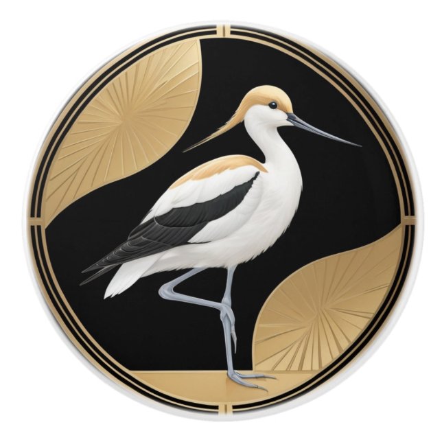 Art Deco American Avocet Bird Schwarz-weiß Gold Keramikknauf (Vorderseite)