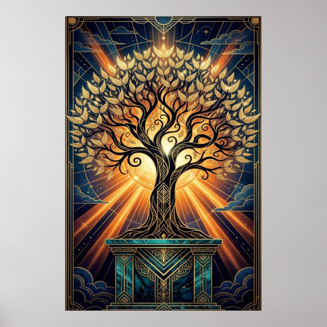 Art Deco Angelic Feather Tree Gold & Midnight Post Poster (Vorne)