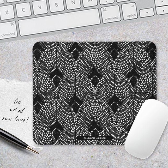 Art Deco Anthrazit Retro Pfauenmuster Mousepad (Art Deco Antrazite Black White Peacock Pattern Mouse Pad ©Susanne Sachers - Sunny Mind 🌞)