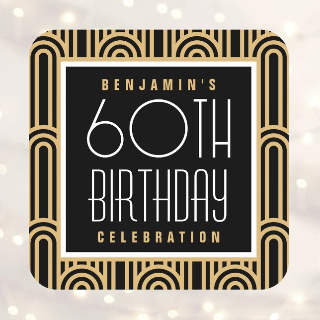 Art Deco Any Age Birthday Party Name Black Gold Quadratischer Aufkleber (Von Creator hochgeladen)