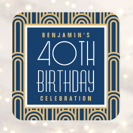 Art Deco Any Age Birthday Party Name Navy Gold Quadratischer Aufkleber