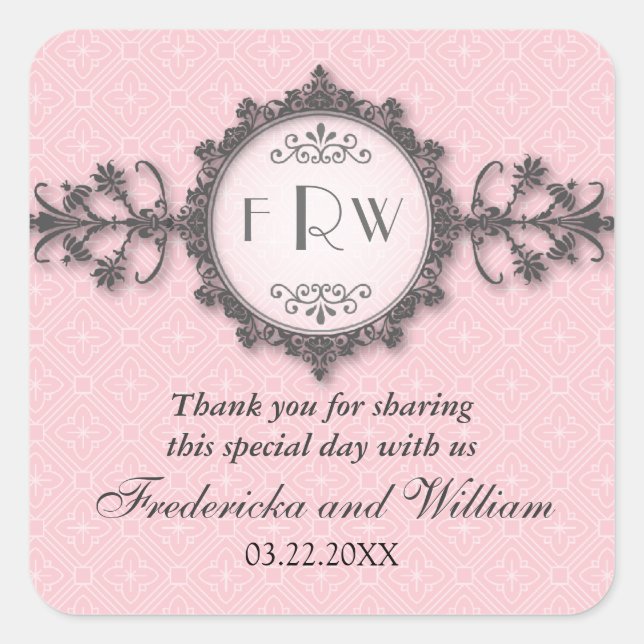 Art-Deco-Band Pink-Hochzeitsticker Quadratischer Aufkleber (Vorderseite)