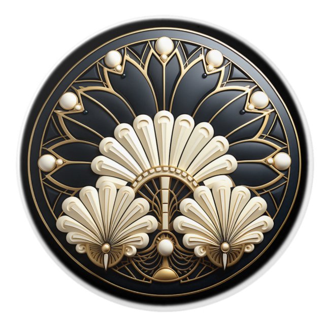 Art Deco Beautiful White Fans Elegant Gold Border Keramikknauf (Vorderseite)