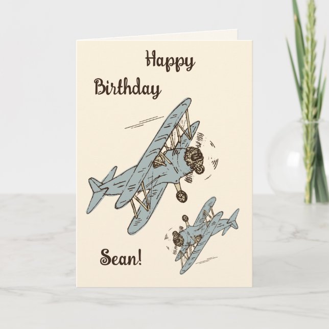 Art Deco Bi-Flugzeug - blau Happy Birthday + Name. Karte (Vorderseite)
