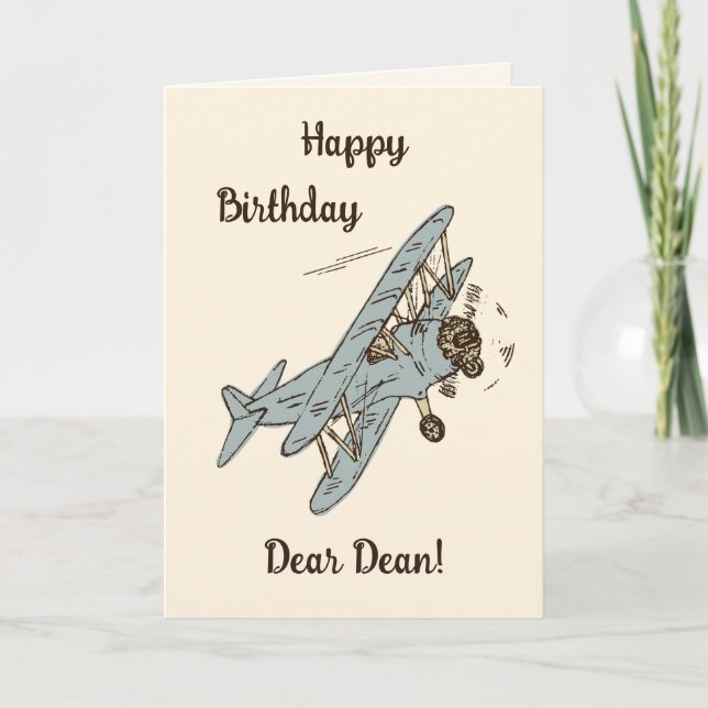 Art Deco Bi-Flugzeug - blau Happy Birthday + Name. Karte (Vorderseite)