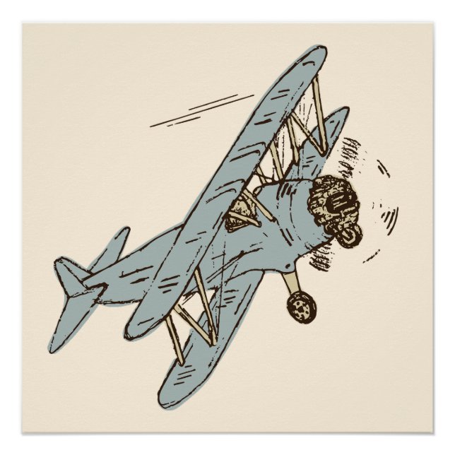 Art Deco Bi-Flugzeug - Blau ohne Text. Poster (Vorderseite)