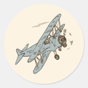 Art Deco Bi-Flugzeug - Blau ohne Text. Runder Aufkleber