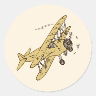 Art Deco Bi-Flugzeug - gelb ohne Text. Runder Aufkleber