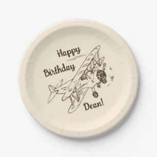 Art Deco Bi-Flugzeug - Happy Birthday + Name. Pappteller