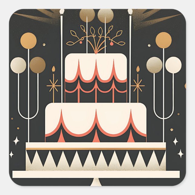 Art Deco Birthday Cake Quadratischer Aufkleber (Vorderseite)