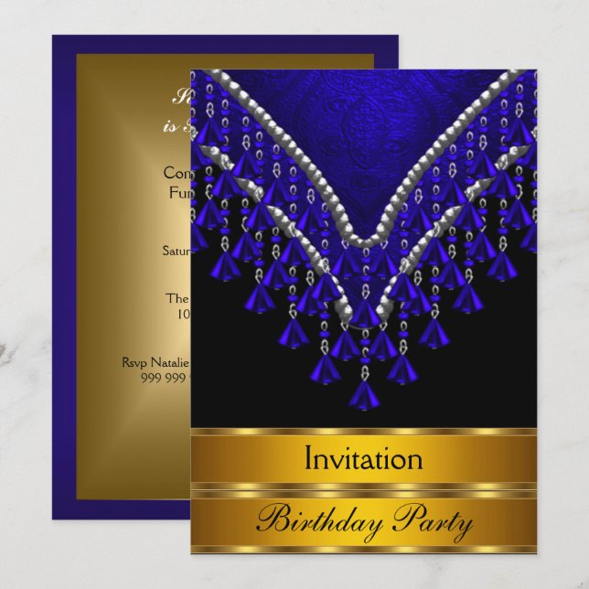 Art Deco Birthday Party Einladung Royal Blue (Vorne/Hinten)