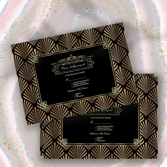 Art Deco Black 1920s Wedding RSVP Karte (Von Creator hochgeladen)