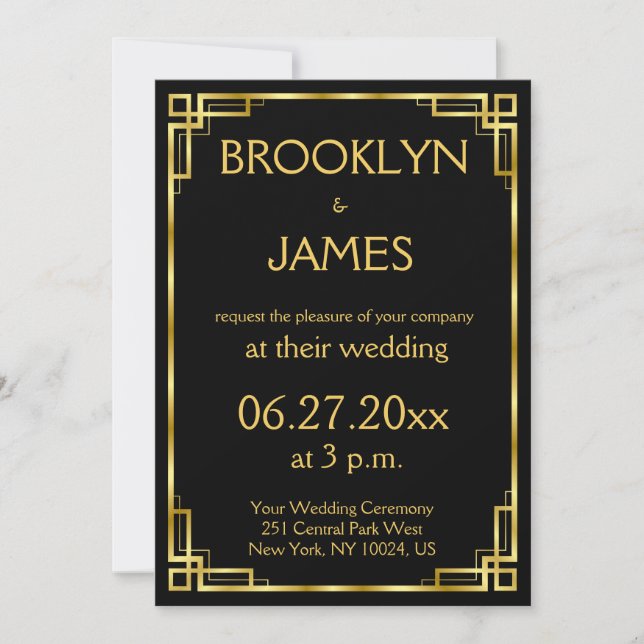 Art Deco Black and Gold Einladungen für Hochzeiten (Vorderseite)