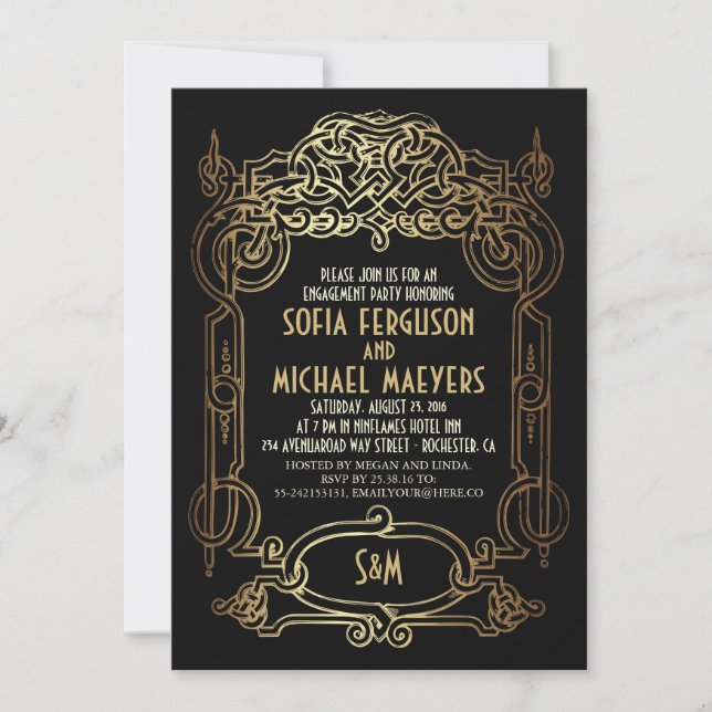 Art Deco Black and Gold Engagement Party Einladung (Vorderseite)