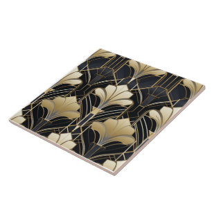 Art Deco Black and Gold Floral Fliese