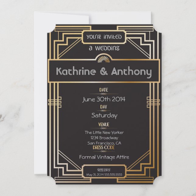 Art Deco Black and Gold Gatsby Hochzeit Einladung (Vorderseite)