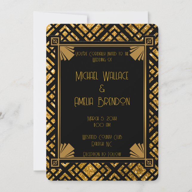 Art Deco Black and Gold Hochzeit Einladung (Vorderseite)