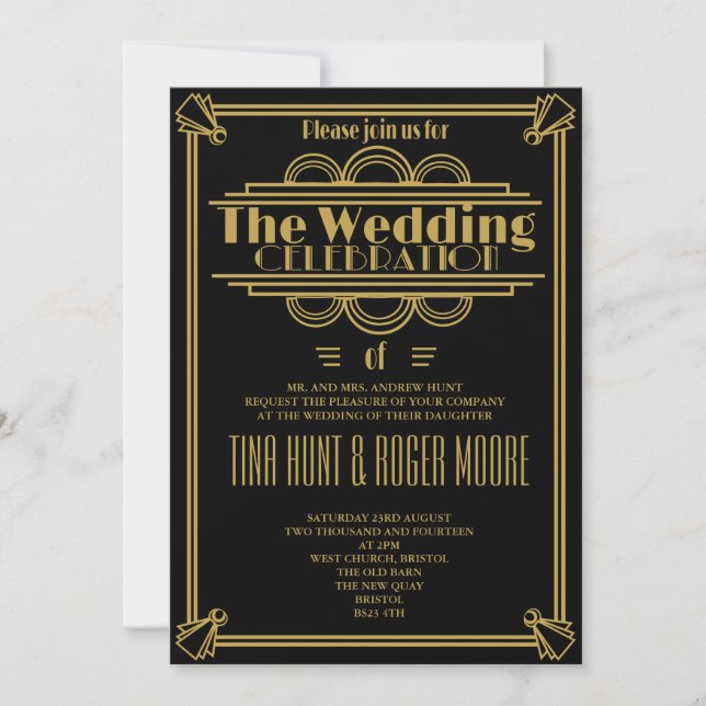Art Deco Black and Gold Hochzeit laden Einladung (Vorderseite)